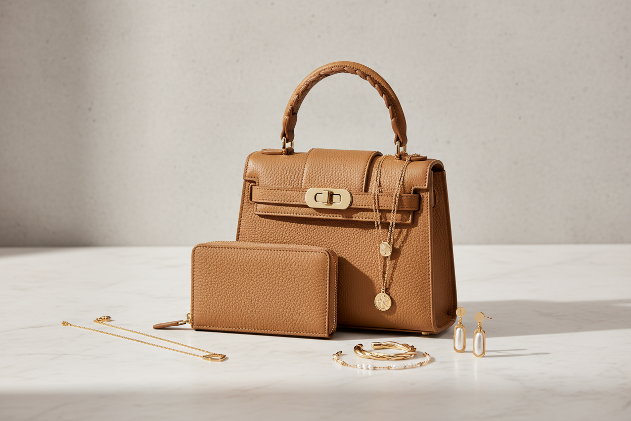 Je veux une image de l’ensemble de portefeuille, sac et bijoux. 